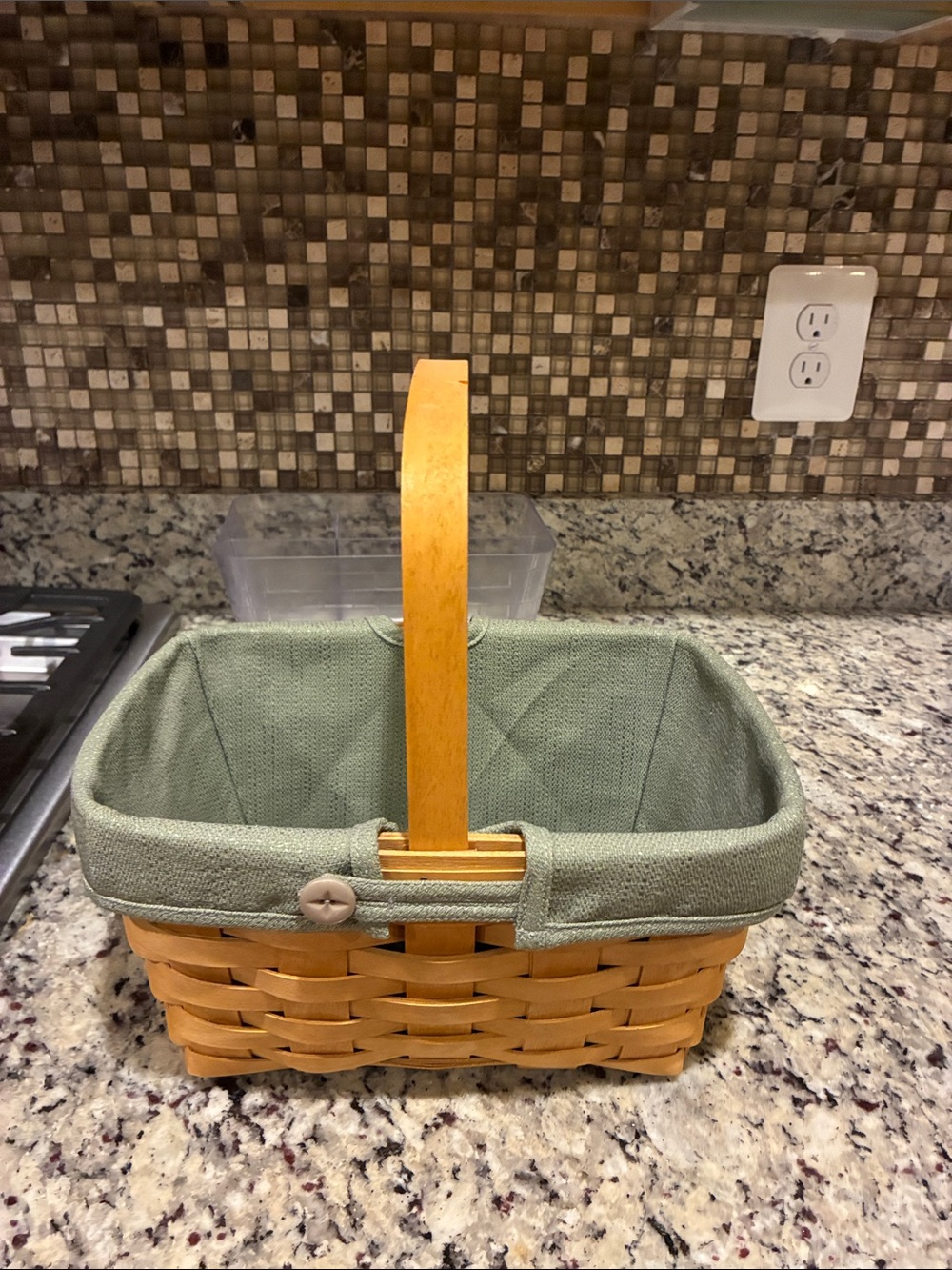 Longaberger Natural Wood Basket with Sage Green Liner and Handle